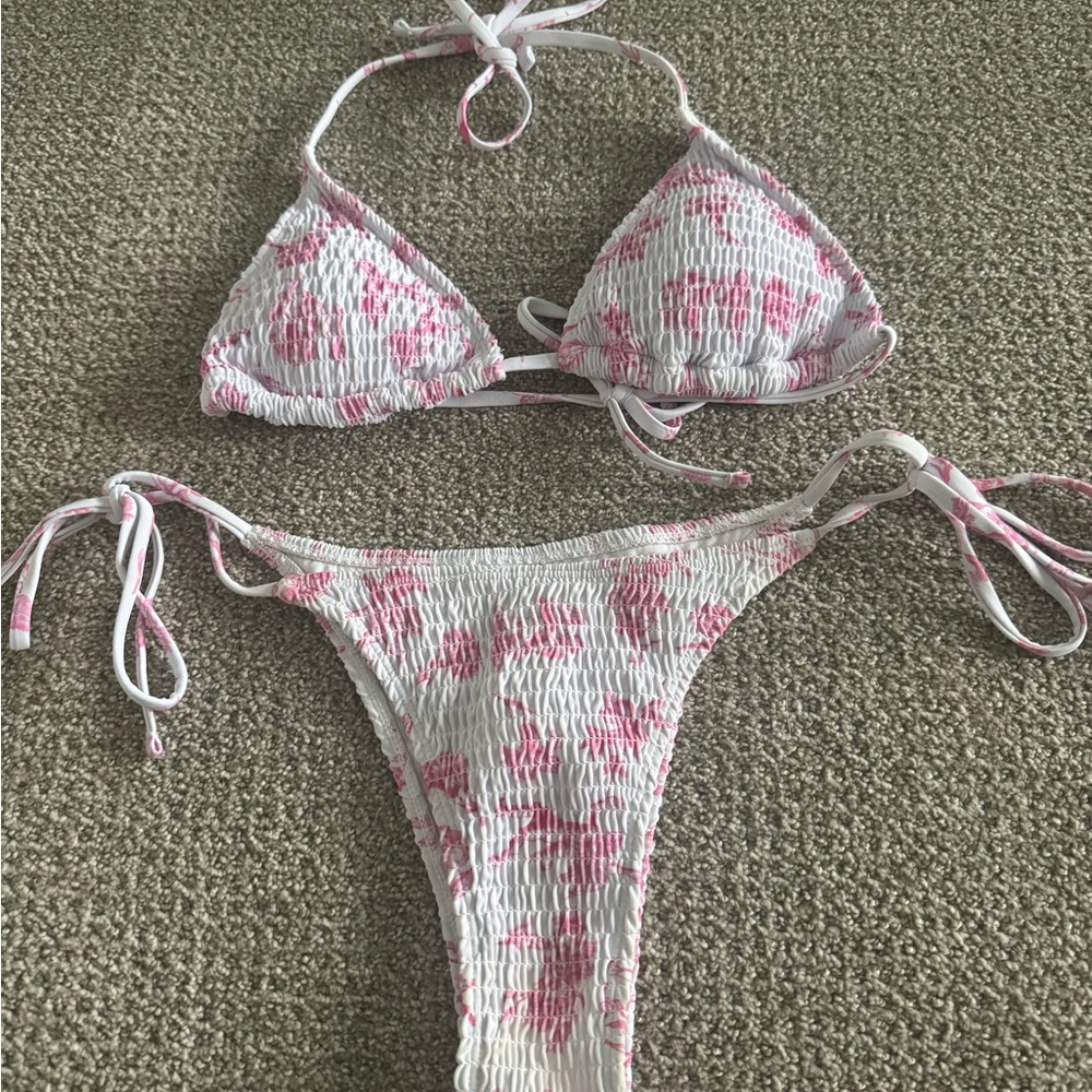 White & Pink Tie-Side Smocked Bikini